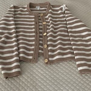 J. Crew Factory Brown and White Striped Cardigan